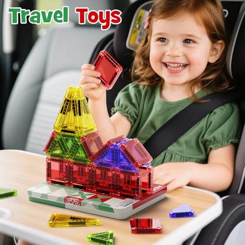 Travel Magnetic Tiles for Kids, 26 PCs Mini Magnetic Building Blocks with Festive Iron Storage Box, STEM Travel Toys for Toddlers Ages 3-5+, Educational Learning Gift for Boys & Girls - size: Travel