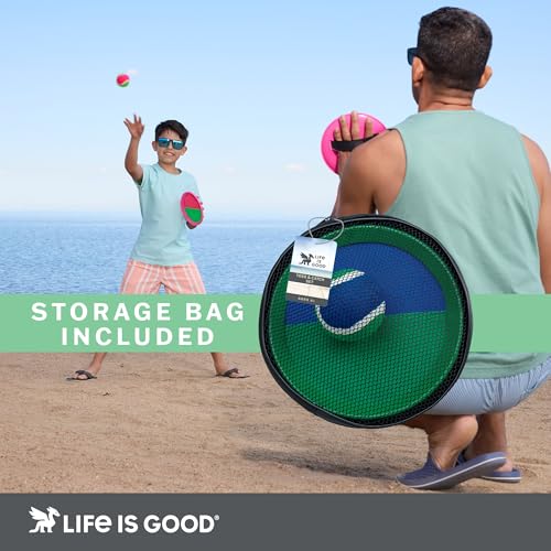 Life is Good Toss and Catch Velcro Ball Set (Sky Blue/Yellow), Family Outdoor Games with 2 Velcro Paddles, 2 Balls & 1 Carry Bag, No-Setup 2-Player Paddle Game for Beach, Backyard, Park & Travel Fun