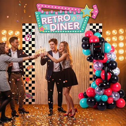 Peryiter 87 Pcs 50's Retro Diner Party Decorations Set Checkerboard Backdrop Banner Fringe Curtain Balloon Arch Kit with Music Note Toppers 1950s Rock Roll Supplies for Birthday Sock Hop Party - style: 50's