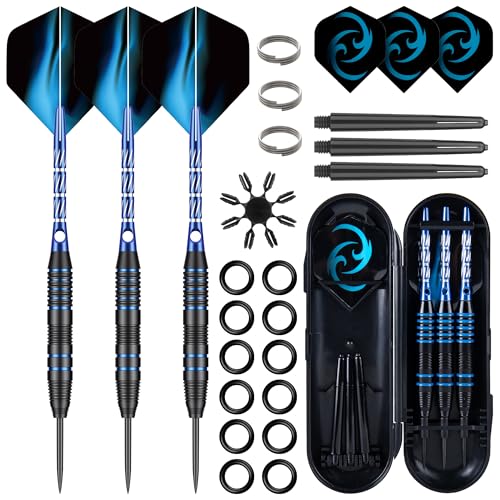 24g Steel Tip Darts Set with Carrying Case | Knurled grip barrels, Aluminum shafts with O-rings, Extra flights, Balanced feel, Practice and league play