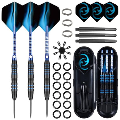 24g Steel Tip Darts Set with Carrying Case | Knurled grip barrels, Aluminum shafts with O-rings, Extra flights, Balanced feel, Practice and league play