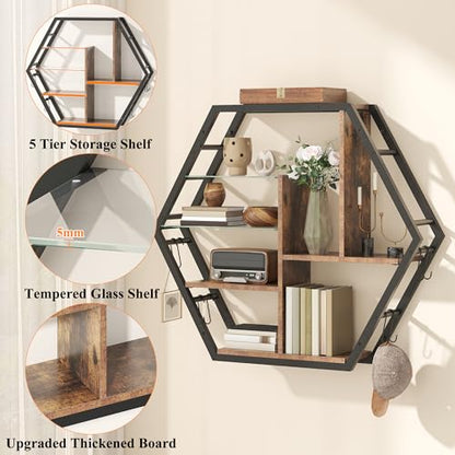 kepptory 39 inch Large Gaming Floating Shelves with LED Lights, 5 Tier Wall Mounted Shelves with 2 Removable Glass Shelf, Pipe Shelves Hanging Display Rack with 8 Hooks, Easy Assembly (Retro Brown) - color: Brown, size: 7.9"D x 39.4"W x 34.3"H