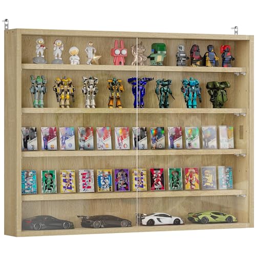 HOMCOM 5-Tier Display Cabinet, Glass Door Cabinet with Adjustable Shelves, Wall-Mounted Display Case for Playroom, Bedroom, Oak - color: Oak