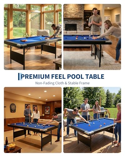 6/7 ft Pool Table, Folding Billiard Table, Portable Pool Tables with Billiard Balls, 2 Cue Sticks, Felt Brush & Chalk for Family Game Room & Home Recreation - color: Blue-6FT