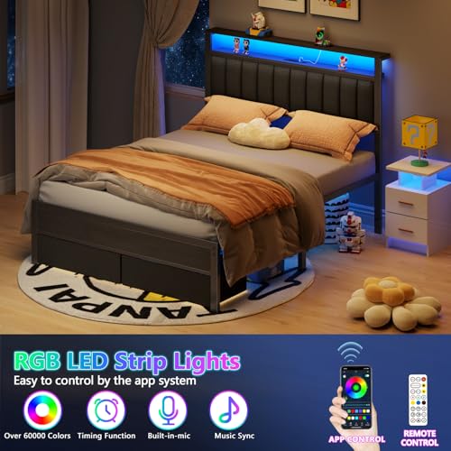 Furnulem Queen Bed Frame with Charging Station and LED Lights, Grey Upholstered Headboard with Shelves, Metal Platform Bed with 2 Under-Bed Storage (Fabric Drawer on Wheels), No Box Spring Needed - size: Queen