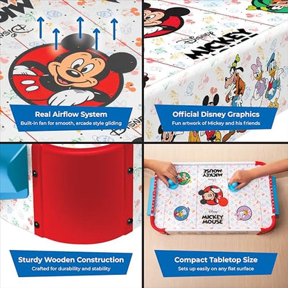 Disney Mickey Mouse, Minnie, Donald, Daisy & Goofy Air Hockey Table for Kids - Wooden Tabletop Game with Puck, Pushers & Air Flow System - Disney Licensed - 4+