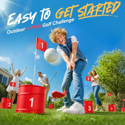 6 Hole Golf Bucket Yard Game, Backyard Golf Set with 2 Adjustable Telescopic Clubs, Portable Outdoor Indoor Golf Chipping Game for Adults Family Beach Camping Party with Carry Bag Scoreboard