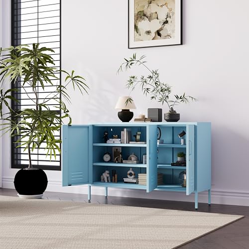32" Wide 3-Door Lockable Metal Storage Cabinet with Accent Cabinet Locker, Heavy Duty Home Tool Cabinet, 2 Removable Shelves & Easy Assembly, for Home, Office, Entryway and Hallway Blue - color: Ocean, style: Cabinet-32"H-WL
