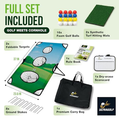 2-in-1 Golf Cornhole Chipping Game Set for Adults, Families and Golf Lovers – Foldable Yard Game with Targets, Non-Slip Mats, Balls, Stakes – Portable Outdoor Lawn and Backyard Simulator