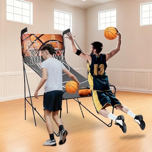 Dual Shot Arcade Basketball Game for All Players, 8 Modes Electronic Scoring System with LED Display, 5 Basketballs & Inflator Gun Included, Foldable Home Arcade Basketball Hoop for Family Game Room