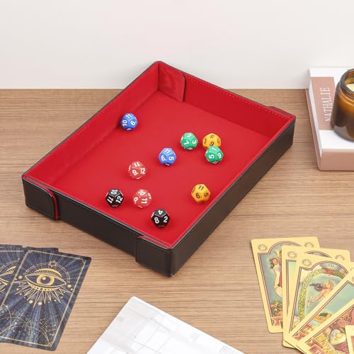 PU Leather Dice Tray Magnetic Folding Dice Rolling Mat with Red Felt Lining for Dice Games Portable Tabletop Board Games Tray - color: Red