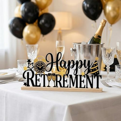 Happy Retirement Party Table Decorations Black and Gold Metal Table Sign with Wooden Base Happy Retirement Gift for Women Men Coworker Tabletop Centerpieces for Home Mantel Shelf Desk - style: Happy Retirement