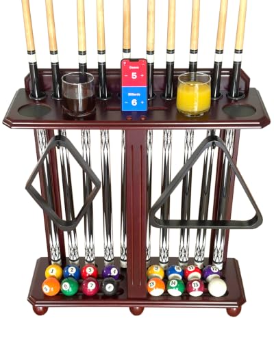 Premium Solid Hardwood Pool Cue Stick Holder Floor Standing - Wooden Billiard Rack forTen Cues and Full Table Accessories, Elegant Durable Storage for Game Room - color: Mahogany