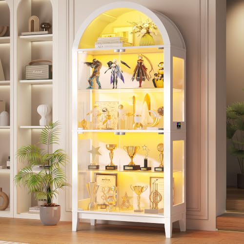 Gurexl 5-Tier Arched Glass Display Cabinet, Motion Sensor RGB LED Showcase with Music Sync Light & Adjustable Shelves, Tempered Glass Curio Cabinet for Action Figures Trophies Collectibles, White - color: White-80008a