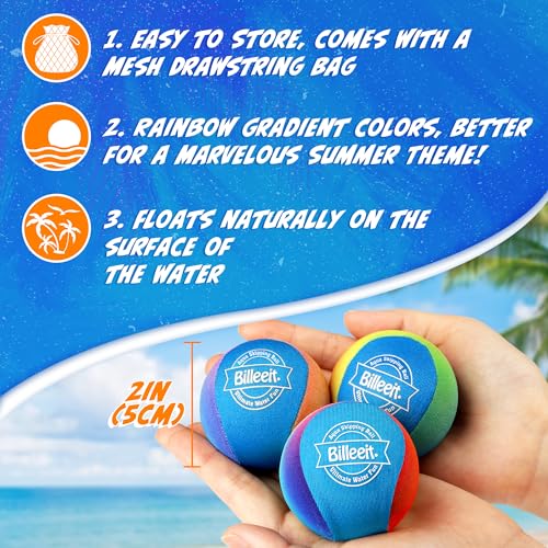Billeeit 5Pcs Rainbow Water Skipping Balls Set for Pool Play | Floating TPR Bouncing Ball for Kids 3+ and Adults Beach, Lake, River, Ocean Play w/5 Round Balls and Mesh Bag