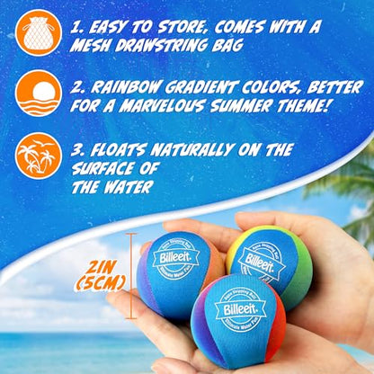 Billeeit 5Pcs Rainbow Water Skipping Balls Set for Pool Play | Floating TPR Bouncing Ball for Kids 3+ and Adults Beach, Lake, River, Ocean Play w/5 Round Balls and Mesh Bag