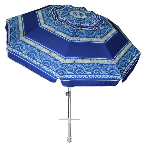 AMMSUN 7ft Heavy Duty High Wind Beach Umbrella with Sand Anchor & Tilt Sun Shelter, UPF50+ Protection Outdoor Sunshade Umbrellas and Parasols Carry Bag for Patio Garden Beach Pool Backyard - color: Spray Pavilion Blue