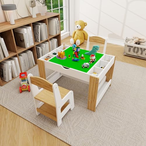 3 in 1 Play Table & 2 Chairs Set, Gaming Table with 7 Storage Compartments Compatible with LEGO Building Block, Modern Activity Learning Table Game Furniture, White+Green - size: 32''×23'' with chairs set