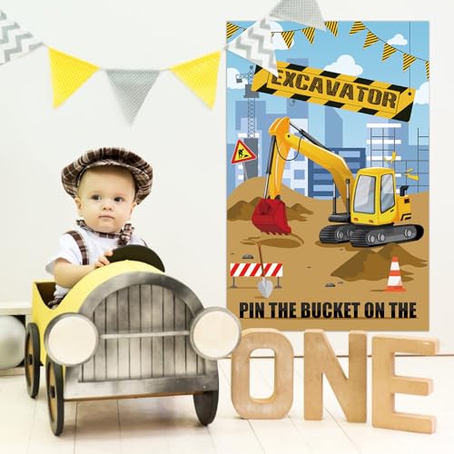 Hooqict Pin The Bucket on The Excavator Construction Party Games for Kids Birthday Pin the Games Construction Party Decorations Supplies, Large Excavator Poster with 32 Stickers - style: Excavator
