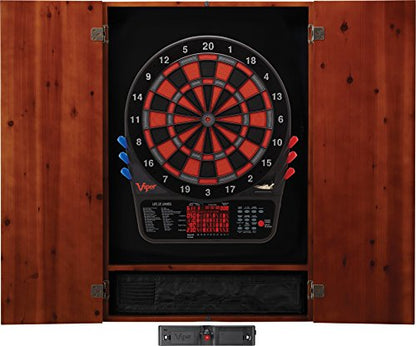 Viper Metropolitan Solid Wood Cabinet & Electronic Dartboard Play-Ready Bundle - color: Cinnamon, style: Elite Set
