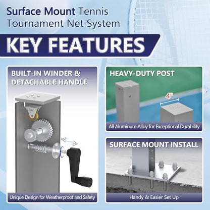 Katop Surface Mount Tennis Net Posts with Heavy Duty Double-Layer Tennis Net, 4'' Square Aluminum Alloy Posts, Unique Built-in Winder Design, ITF Compliant, Sturdy and Durable - color: Deep Green