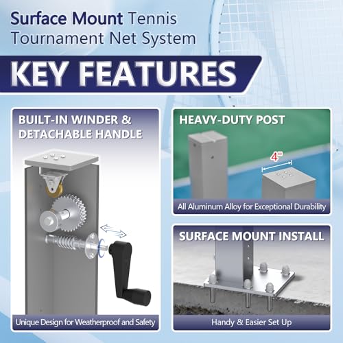 Katop Surface Mount Tennis Net Posts with Heavy Duty Double-Layer Tennis Net, 4'' Square Aluminum Alloy Posts, Unique Built-in Winder Design, ITF Compliant, Sturdy and Durable - color: Silvery Gray