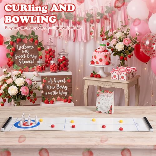 Capoda Tabletop Curling and Bowling Games Baby Shower Game Set Include 8 Curling 6 Bowling 1 Mat 2 Magnetic Strip for Indoor Birthday Bridal Shower Gender Reveal Table Decoration Supplies(Strawberry) - style: Strawberry