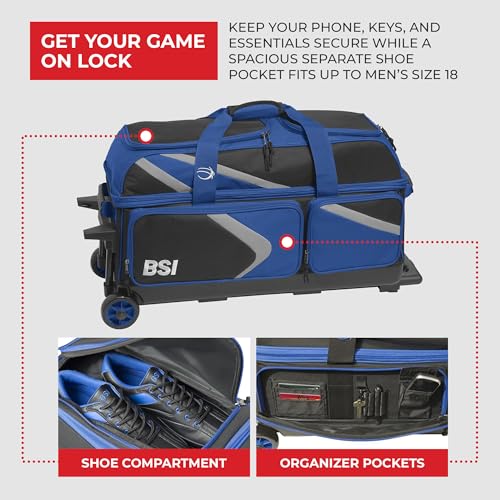 BSI Dash Roller Bowling Bag with Smooth Rolling Wheels, Padded Ball Compartment, Retractable Locking Handle, & Shoe Pocket - color: Black/Blue/Gray, style: Triple