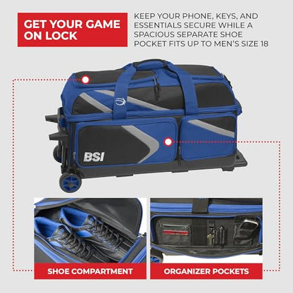 BSI Dash Roller Bowling Bag with Smooth Rolling Wheels, Padded Ball Compartment, Retractable Locking Handle, & Shoe Pocket - color: Black/Blue/Gray, style: Triple