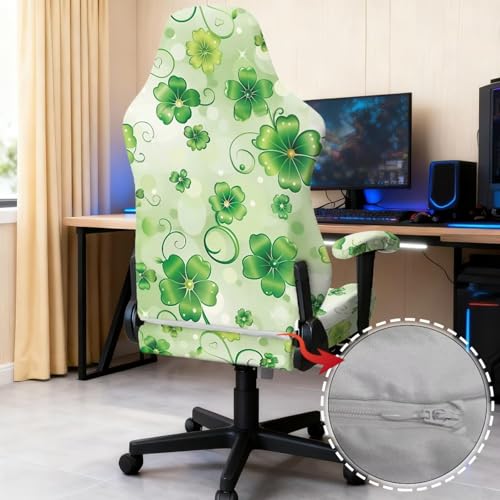 Suobstales Green Shamrock Pattern Gaming Chair Covers Slipcovers, St. Patrick's Day Decoration Stretchable Elastic Computer Reclining Gaming Chair Seat Cover with Armrest Cover (No Chairs) - color: Green Shamrock