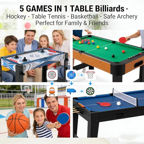 Air Hockey Table, 5-in-1 Multi Game Table for Adults, Indoor Outdoor Combo Game Table with Billiards, Basketball, Hockey, Ping Pong, Safe Archery Target Shooting, Accurate Digital LED Scoreboard