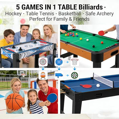 Air Hockey Table, 5-in-1 Multi Game Table for Adults, Indoor Outdoor Combo Game Table with Billiards, Basketball, Hockey, Ping Pong, Safe Archery Target Shooting, Accurate Digital LED Scoreboard