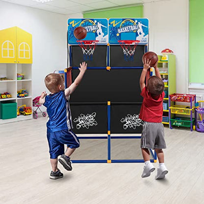GYMAX Basketball Arcade Game Indoor, Double Shot Basketball Hoop Indoor with 4 Balls & Hand Pump, Mini Basketball Hoop for Kids Toddlers, Basketball Game Toys for Girls Boys