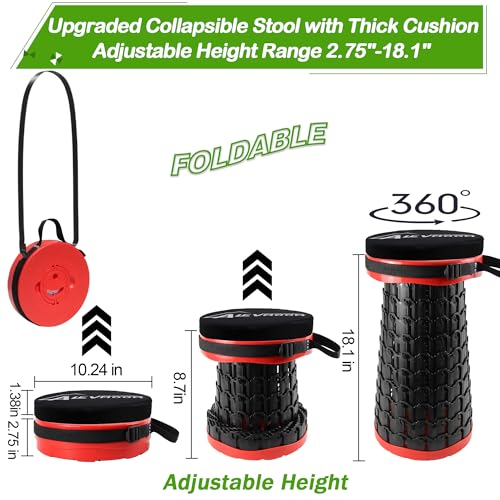 ALEVMOOM Telescoping Stool with Thick Cushion, H18.1“ D10.24” Portable Collapsible More Sturdy Capacity 600Ib, Retractable Collapsible Camping Adjustable Folding Stool for Hiking Garden BBQ - color: Red
