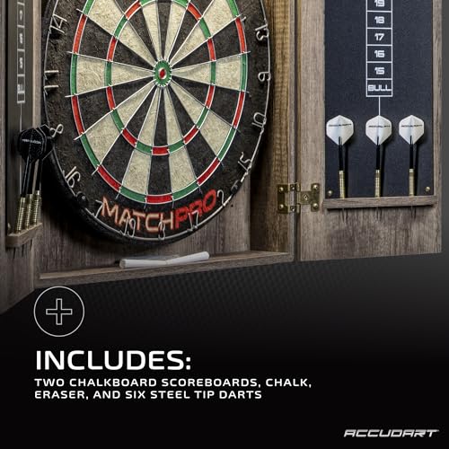 Accudart Match Pro Dartboard Cabinet Set – Official 18” Sisal Board, Self‑Healing Fibers, Modern Woodgrain Cabinet, Built‑in Dart Holders, Auto LED Lighting – Includes Scoreboards & Steel‑Tip Darts