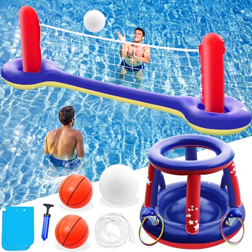 Jasonwell Pool Toys Games Set - 3 in 1 Pool Volleyball Net Basketball Hoop Ring Toss Game Inflatable Floats Water Floating Volleyball Swimming Pools Games Party Gift for Kids Adults (Red&Blue, L) - color: Red&blue, size: Large