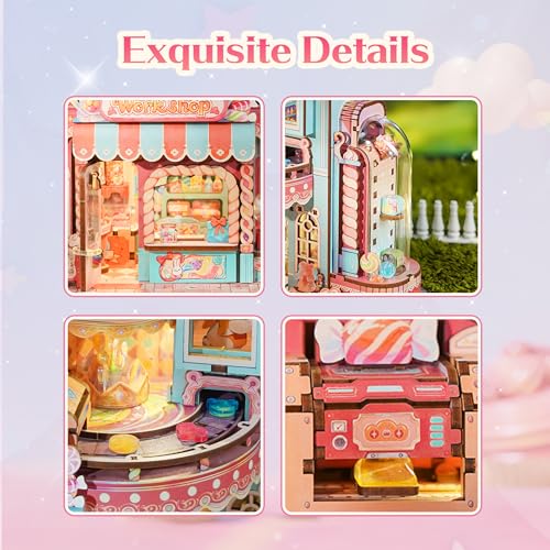 Tonecheer 3D Wooden Puzzle for Adults- Candy Workshop, Mechanical Transmission Model Kit, Dynamic DIY Building Set with Music & Lights, Miniature House Kit Ideas - style: Candy Workshop