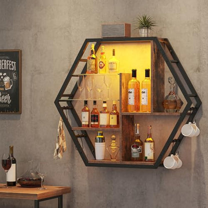 kepptory 39 inch Large Gaming Floating Shelves with LED Lights, 5 Tier Wall Mounted Shelves with 2 Removable Glass Shelf, Pipe Shelves Hanging Display Rack with 8 Hooks, Easy Assembly (Retro Brown) - color: Brown, size: 7.9"D x 39.4"W x 34.3"H