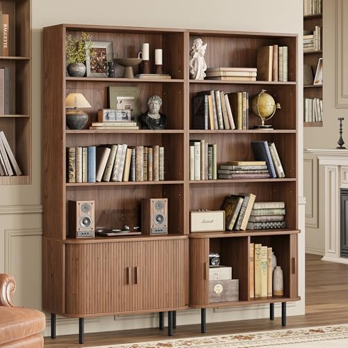 5-Tier Tall Bookshelf with Cabinet, 71" Fluted Bookcase with Sliding Door, Adjustable Display Shelf, Free Standing Cube Storage Organizer, Wood Shelving Unit for Living Room, Home Office, Walnut