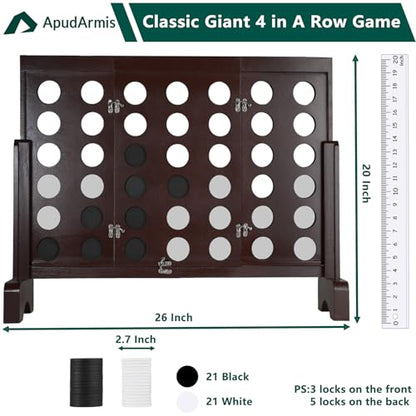 ApudArmis Wooden 4 in a Row Game, Classic Wooden 4-to-Score Game Set with Coins & Carrying Bag-Indoor Outdoor Games for Adults Family