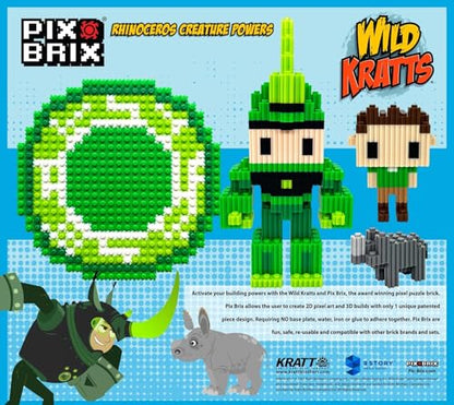 Pix Brix - Wild Kratts Toys Pixel Art Kit - Rhinoceros Creature Powers, 1344 Pieces - Patented Slide + Stack Pixel Puzzle Building Bricks, Build & Collect Wild Kratts Animals - Stem Toys, Ages 6 Plus - style: Rhinoceros Creature Powers