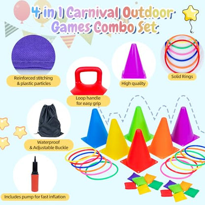 JOY SPOT! Carnival Outdoor Games Combo Set for Kids, 18 Inch Hopper Balls with Handles, Ring Toss, Bean Bags, Egg Spoon Relay Race, Fun for Backyard, Field Day, School, Birthday Parties, Family Events - style: Standard
