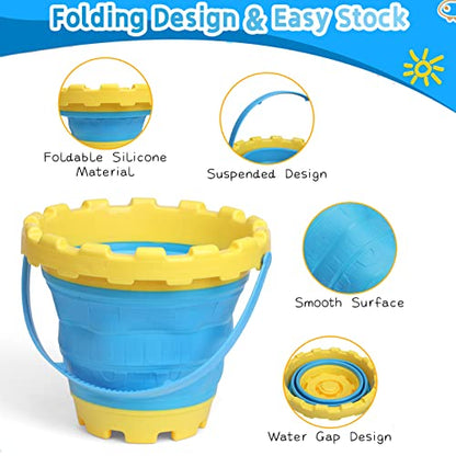 Jumbo Sand Beach Bucket Toys for Kids, Large Fodable Bucket with Mesh Bag, Silicon Travel Collasible Pail Toys For Sand Snow Fun, Sanbox Toy Garden Tools Perfect for Beach Snow Backyard Gifts 3 PACK - style: Fang
