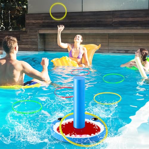 Hiboom Pool Ring Toss Games Toys, Swimming Pool Games for Adults and Family with 6 Pcs Throwing Rings, Water Foam Toss Float Toys for Summer Outdoor, Beach, Yard, Party(Shark) - style: Shark