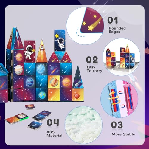 Mini Magnetic Tiles Travel Set, 31Pcs STEM Travel Magnatiles with Metal Case, Space Theme Educational & Creative Magnet Tiles for Kids