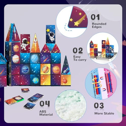Mini Magnetic Tiles Travel Set, 31Pcs STEM Travel Magnatiles with Metal Case, Space Theme Educational & Creative Magnet Tiles for Kids