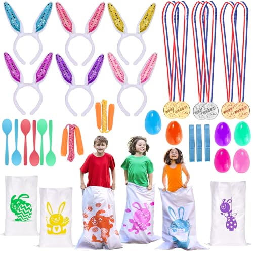 Atonofun 29 Pack Easter Games for Kids Outdoor, Potato Jumping Bags, Bunny Ears Headbands, Egg Spoon Relay Races, Legged Relay Race Bands for Easter Eggs Hunt Party Supplies