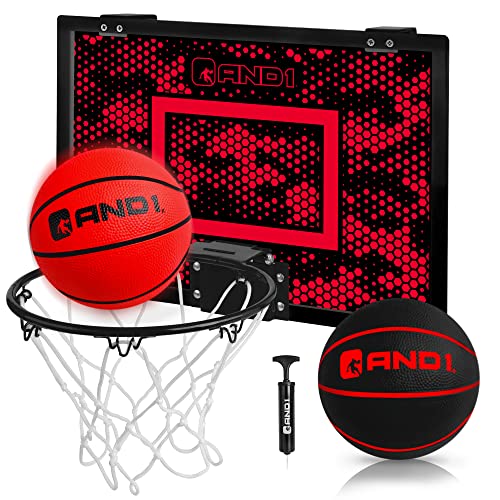 AND1 Over the Door Mini Basketball Hoop: 18x12 Shatterproof Backboard, 2 Mini Basketballs, and Hand Pump Included- Ultimate Indoor Basketball Accessory for Kids and Adults, No Tools Required - color: Red, style: Mini Hoop / Two Balls