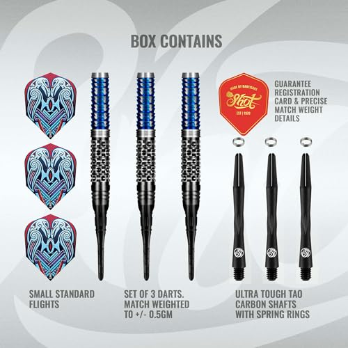 Shot Darts Soft Tip, Viking Raven (18g/20g) 90% Tungsten Barrels, Center Balanced with with Dual grip Handcrafted Professional Dart Set and Flights Made in New Zealand Plastic Tip Bar Darts for Adults