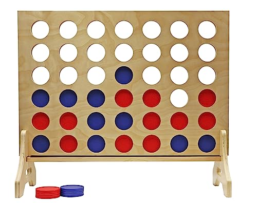 Giant 4 in a Row Game for Family & Adults – Tailgating Pros Jumbo Natural Wooden Four in a Row Indoor Outdoor Yard Game for Family Party Fun, Portable Activities for Patio, Backyard, and Camping - color: Blue / Red